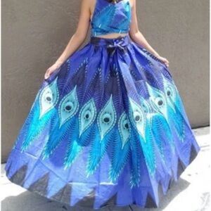 Blue Peacock Print Maxi Skirt With Tie-Waist